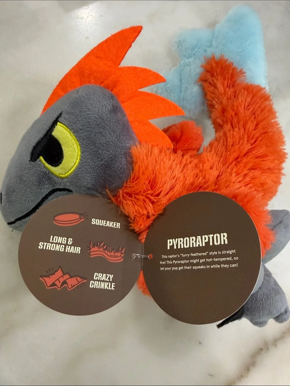 Bark Jurassic World Orange Plush Bird Dog Toy M/L Pyroraptor Crinkle Squeak Toy